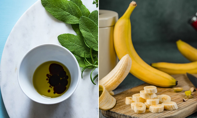 Vinegar in white bowl and bananas