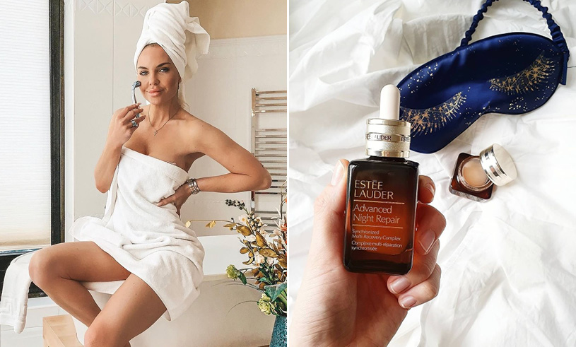 Girl sitting and suing skin roller estee lauder night repair serum
