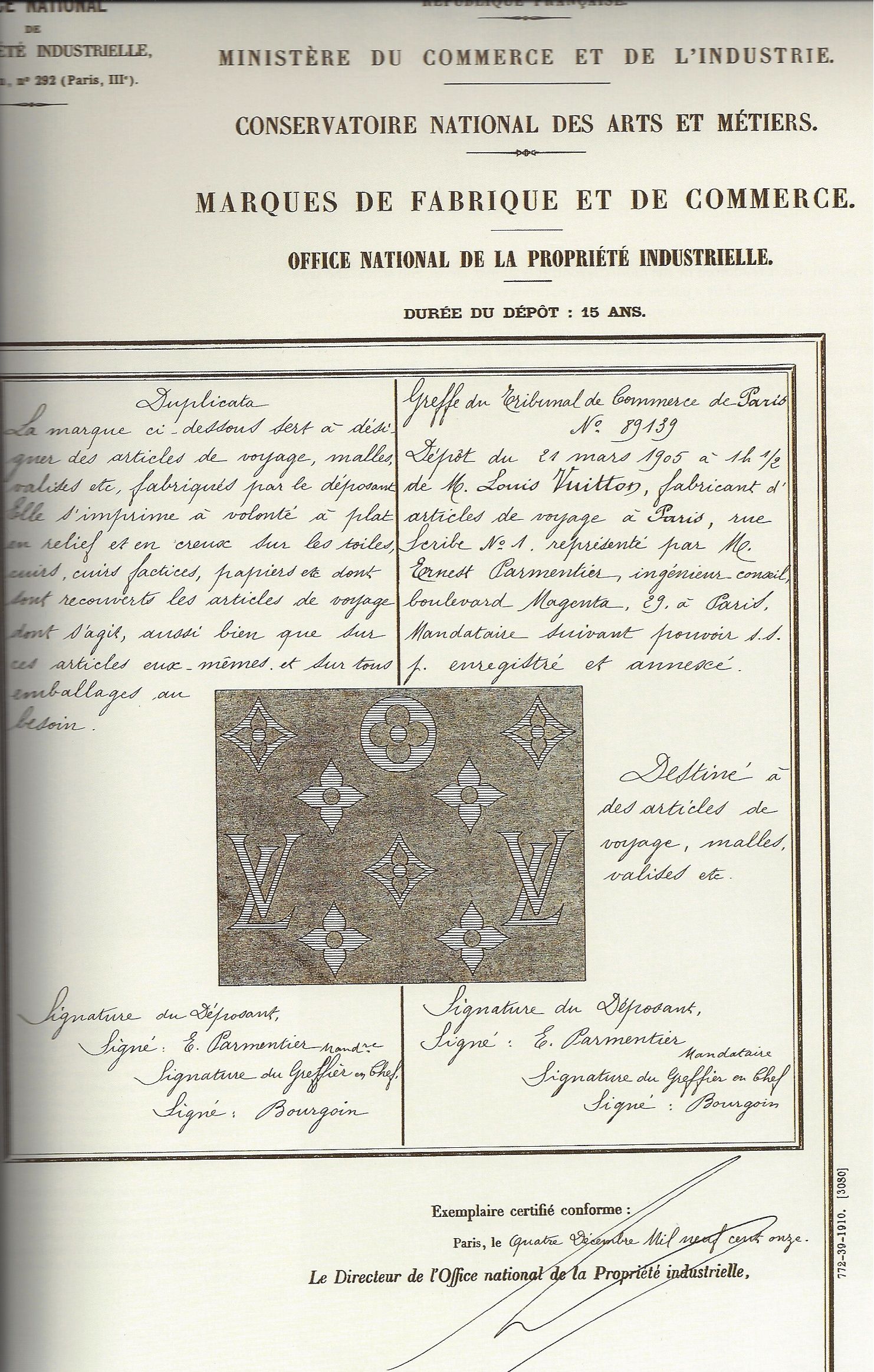 1905 Certificate of the Registration of the Monogram Canvas