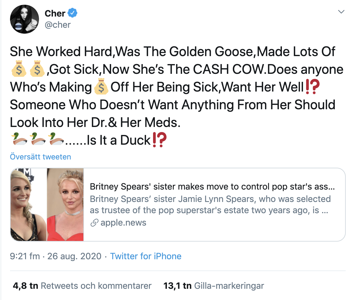 Cher tweets about Britney Spears conservatorship