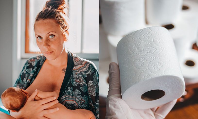 Woman breastfeeding her baby and a picture of toilet paper