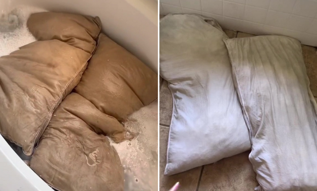 Videon när frun tvättar sin mans kuddar har blivit viral