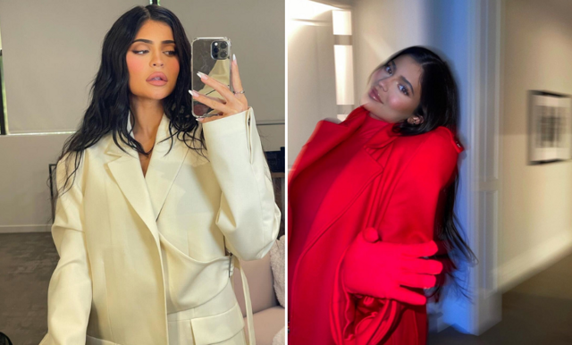 Kylie Jenner visar upp gravidmagen i blodröd outfit