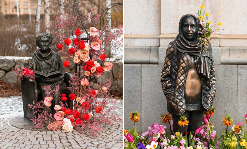 Interflora smyckar kvinnliga statyer med blommor under 8 mars