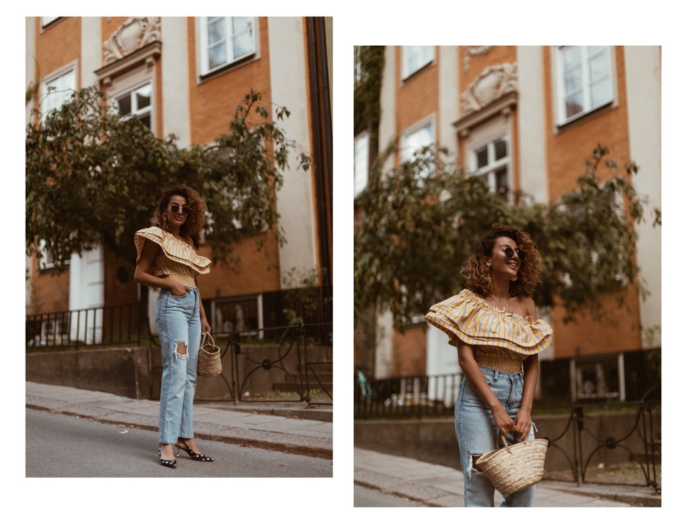 sara-che-river-island-yellow-oversized-frill-top-nly-denim-zara-dotted-kitty-heels-basked-bag-curly-hair