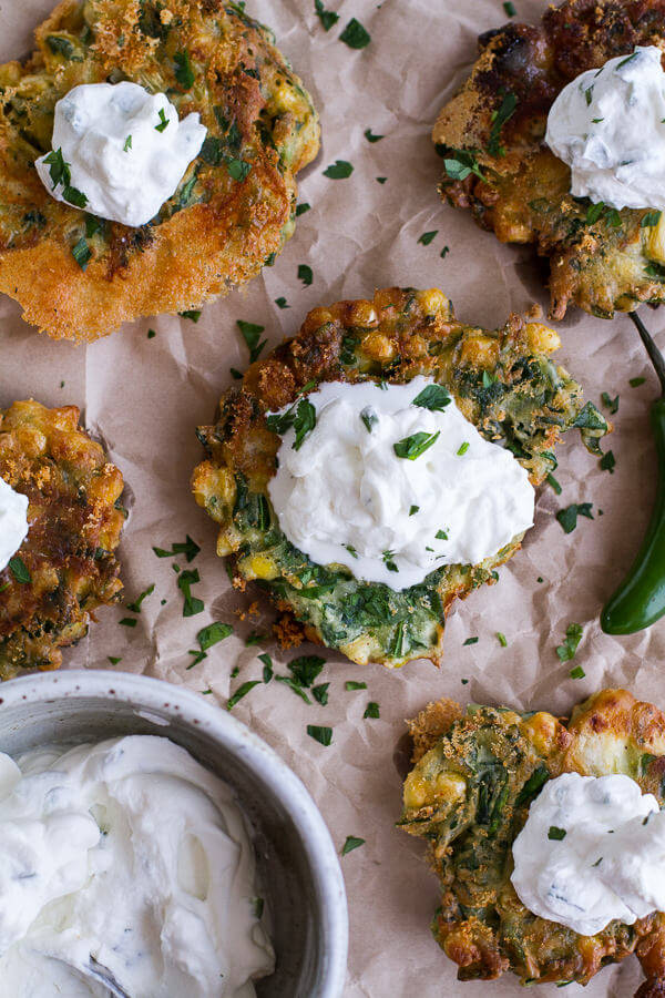Spinach-and-Artichoke-Corn-Fritters-with-Brie-and-Sweet-Honey-Jalapeño-Cream.-15